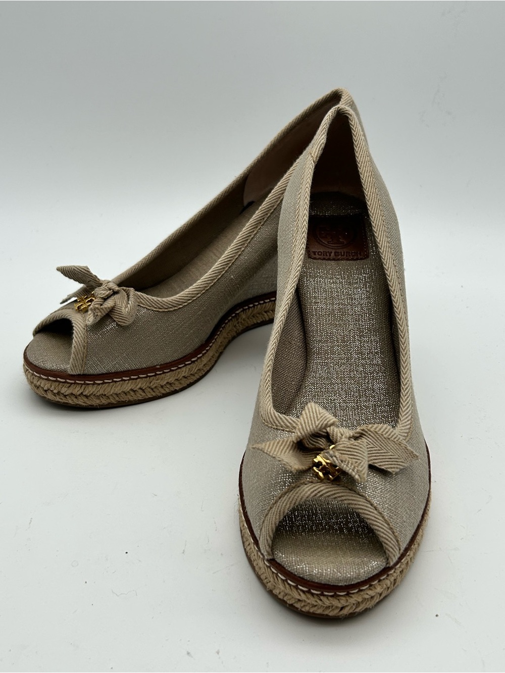 Tory Burch Neutral Beige Peep-Toe Espadrille Wedges with bag, size 9